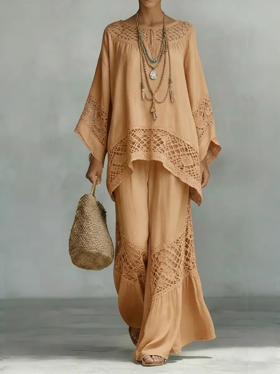 Boho Crochet Lace Batwing Sleeve Top & Wide Leg Pants 2 Piece Set