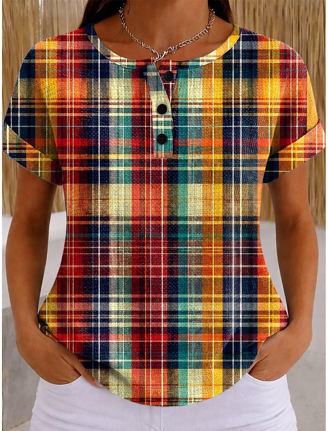 Women's Waffle Knit Plaid Button Detail Casual Short Sleeve Top
