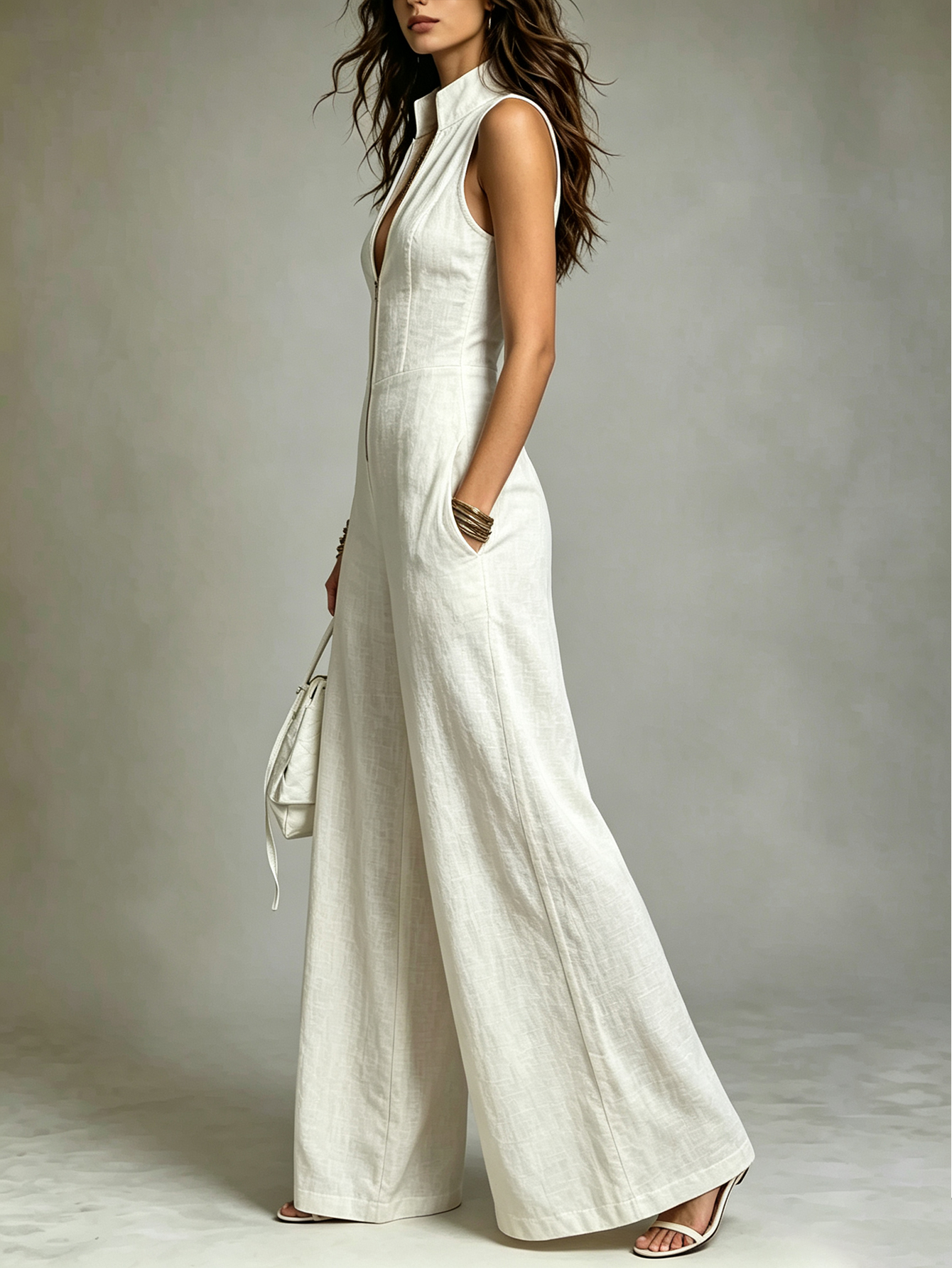 Retro Stand-Collar Tencel Wide-Leg Jumpsuit With Lace Trim