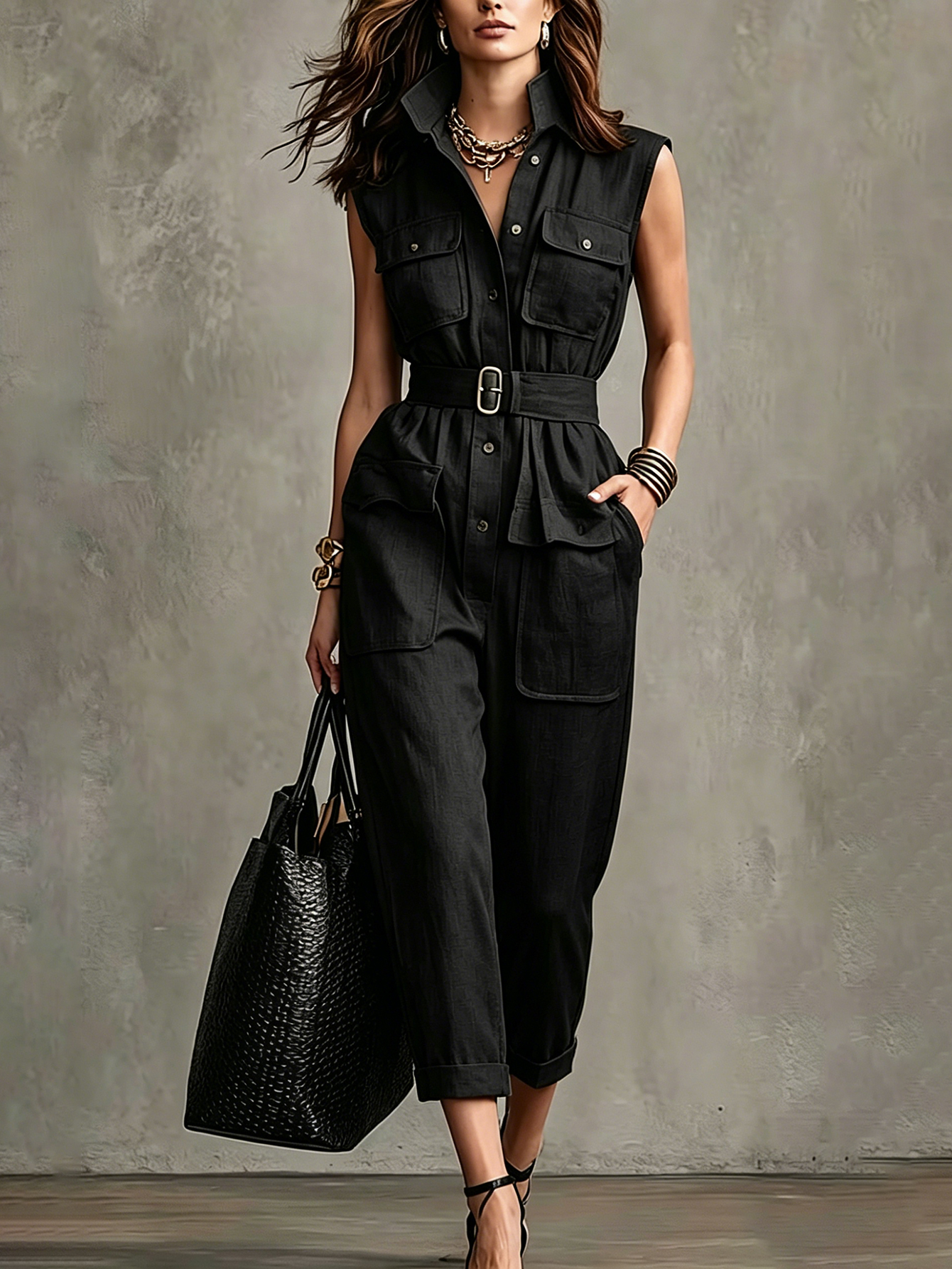 Vintage Collar Cargo Jumpsuit, Slim Fit Multi-Pocket Cropped Overalls