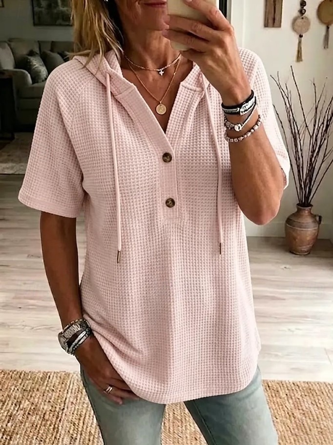 Women's Waffle Knit Hooded Henley Top Short Sleeve Casual V-Neck Tee