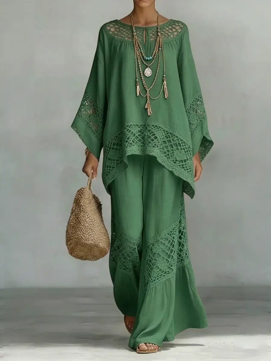 Boho Crochet Lace Batwing Sleeve Top & Wide Leg Pants 2 Piece Set