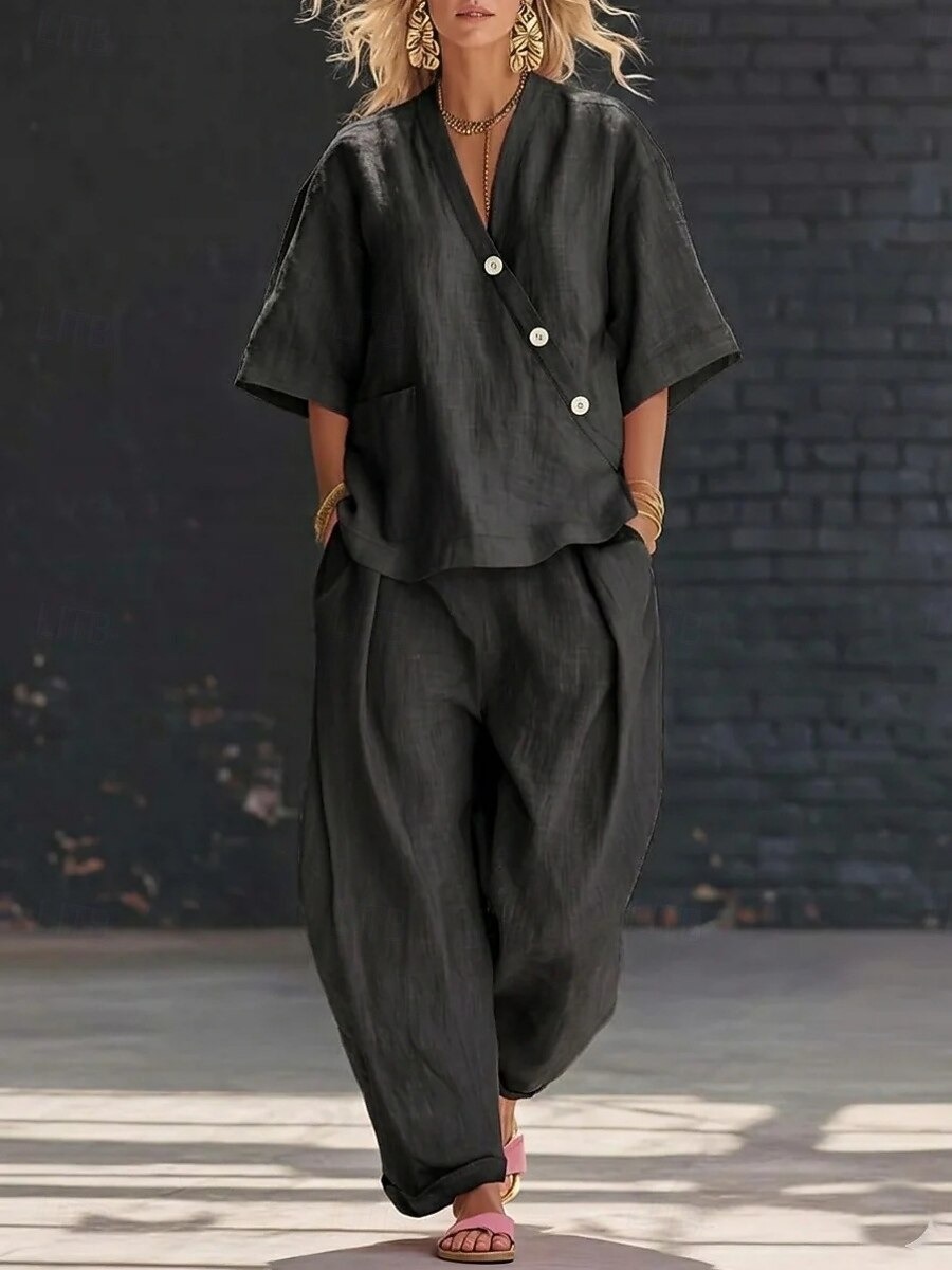 Women's Linen Blend V-Neck Button Top & Loose Harem Pants 2-Piece Set
