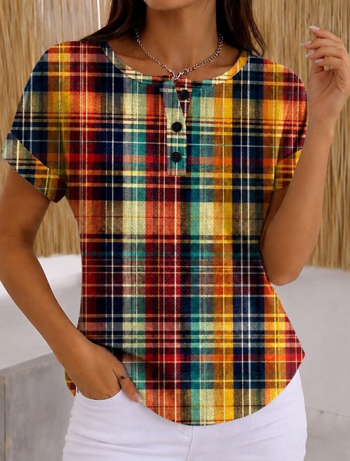 Women's Waffle Knit Plaid Button Detail Casual Short Sleeve Top