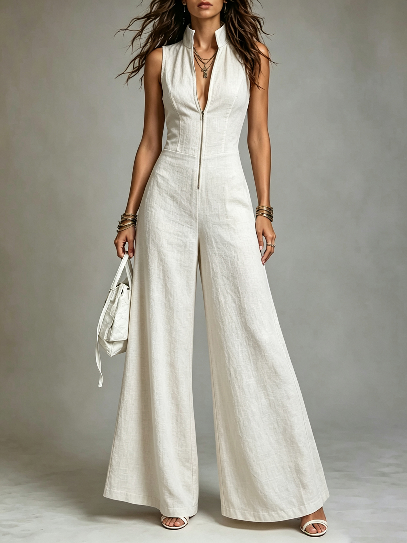 Retro Stand-Collar Tencel Wide-Leg Jumpsuit With Lace Trim