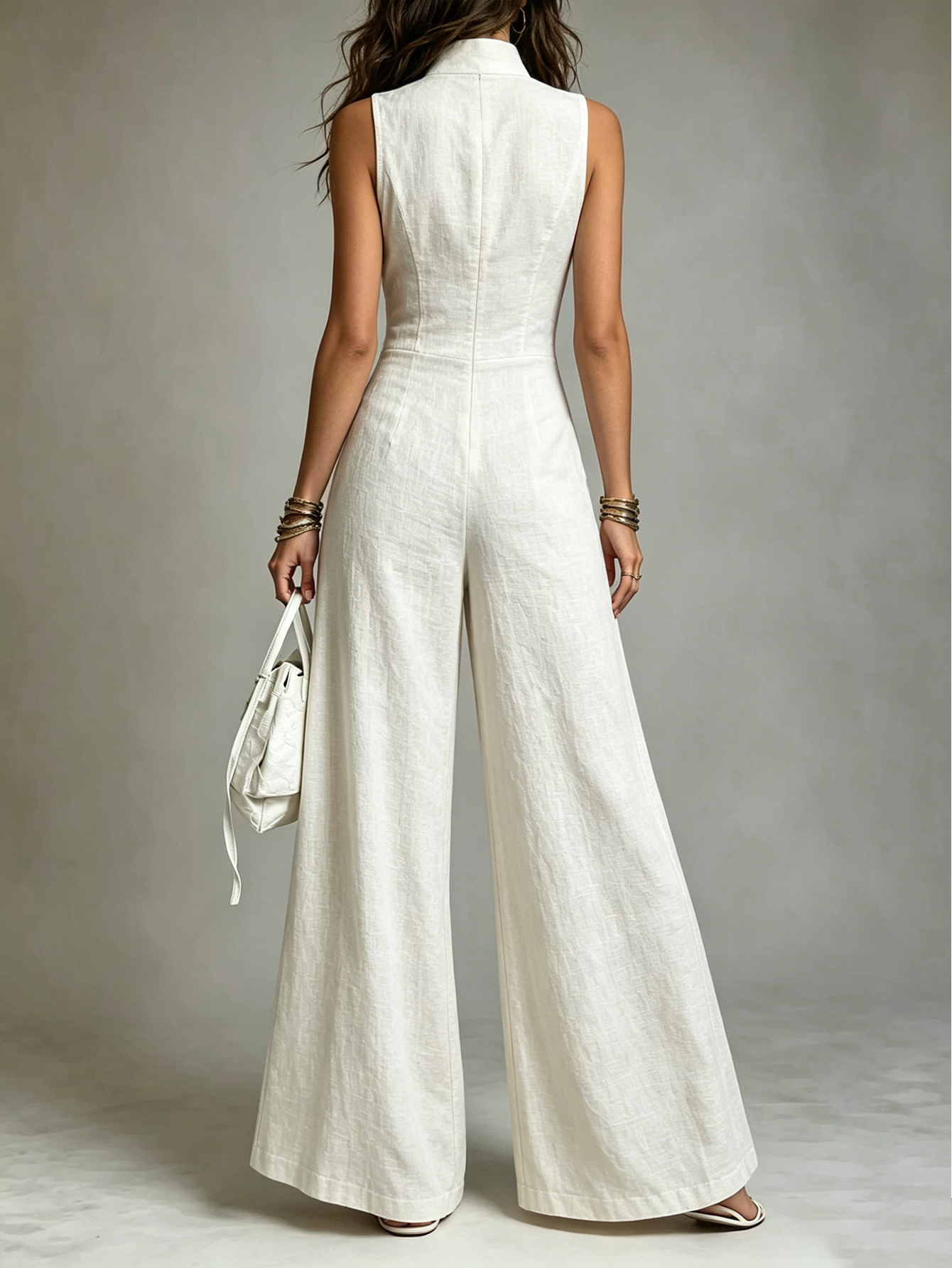 Retro Stand-Collar Tencel Wide-Leg Jumpsuit With Lace Trim