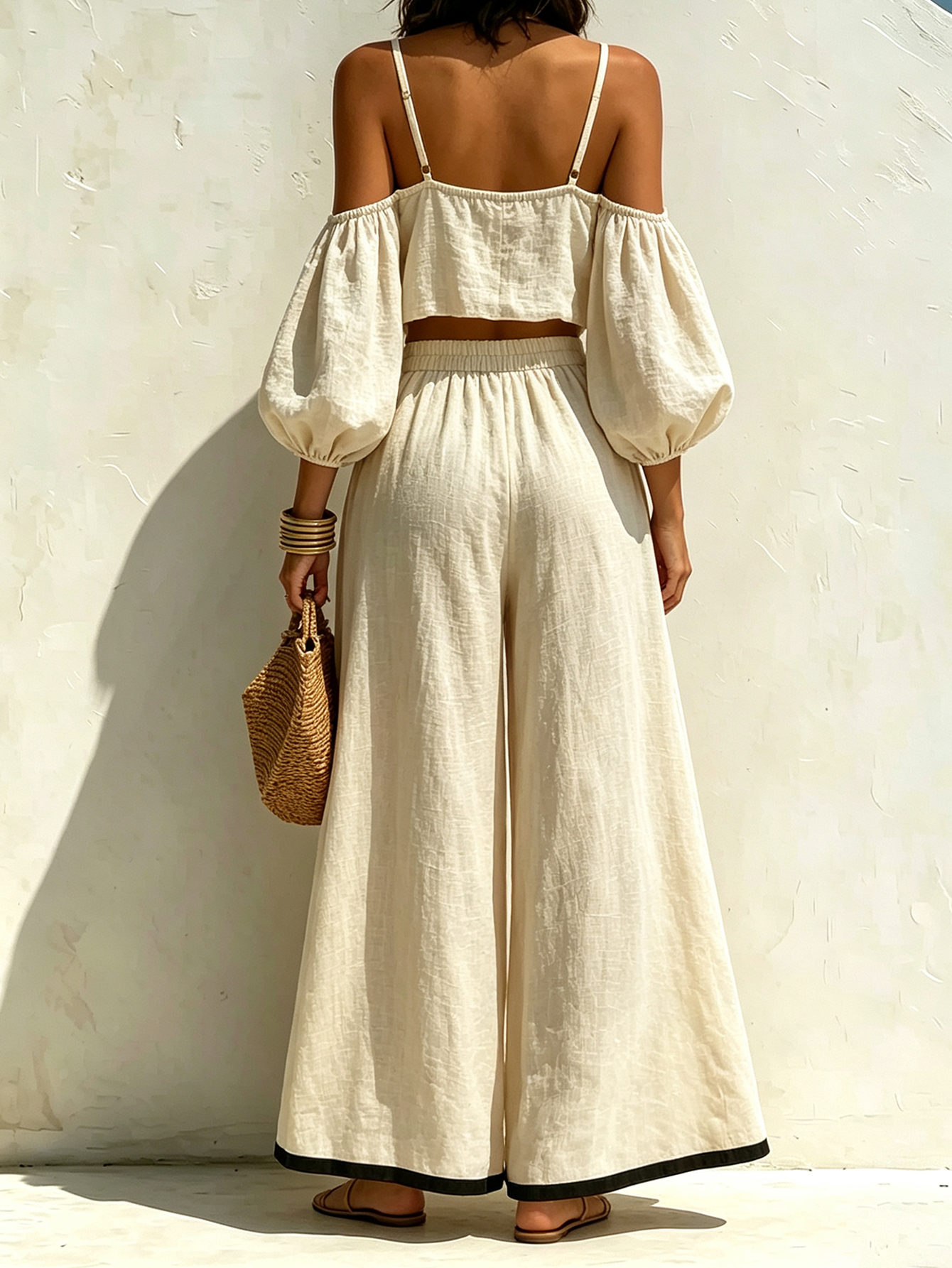 Women’s Linen Cotton Two-Piece Set, Off-Shoulder Puff Sleeve Crop Top & Wide Leg Pants, Casual Summer Outfit