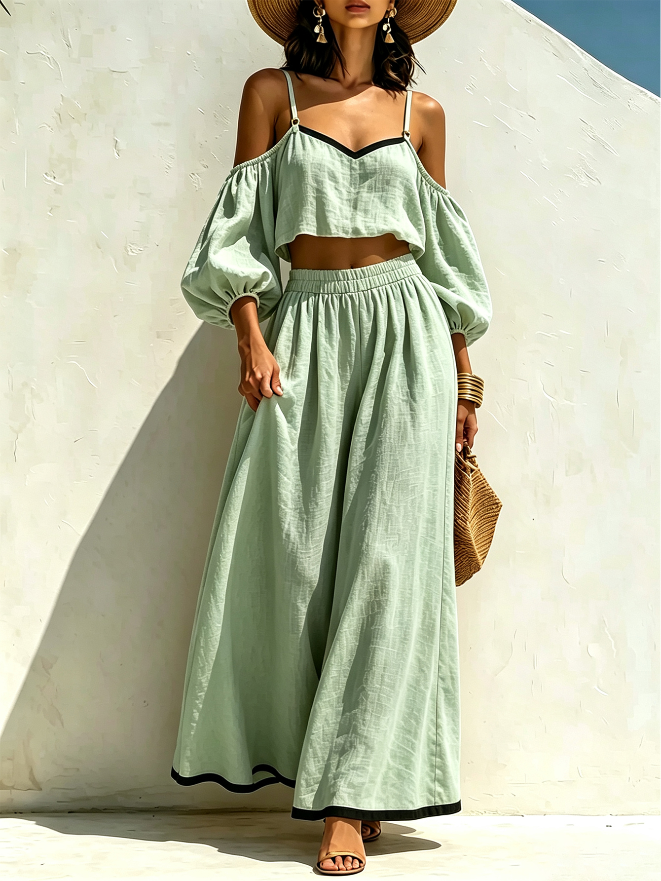 Women’s Linen Cotton Two-Piece Set, Off-Shoulder Puff Sleeve Crop Top & Wide Leg Pants, Casual Summer Outfit