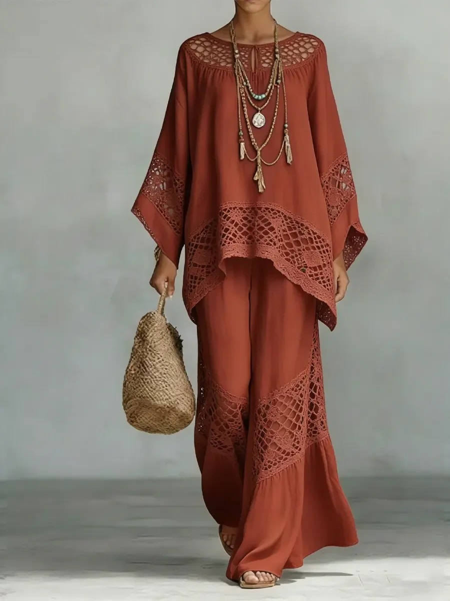 Boho Crochet Lace Batwing Sleeve Top & Wide Leg Pants 2 Piece Set