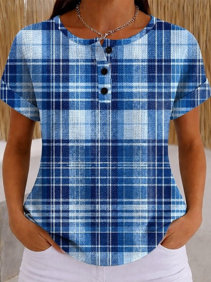 Women's Waffle Knit Plaid Button Detail Casual Short Sleeve Top