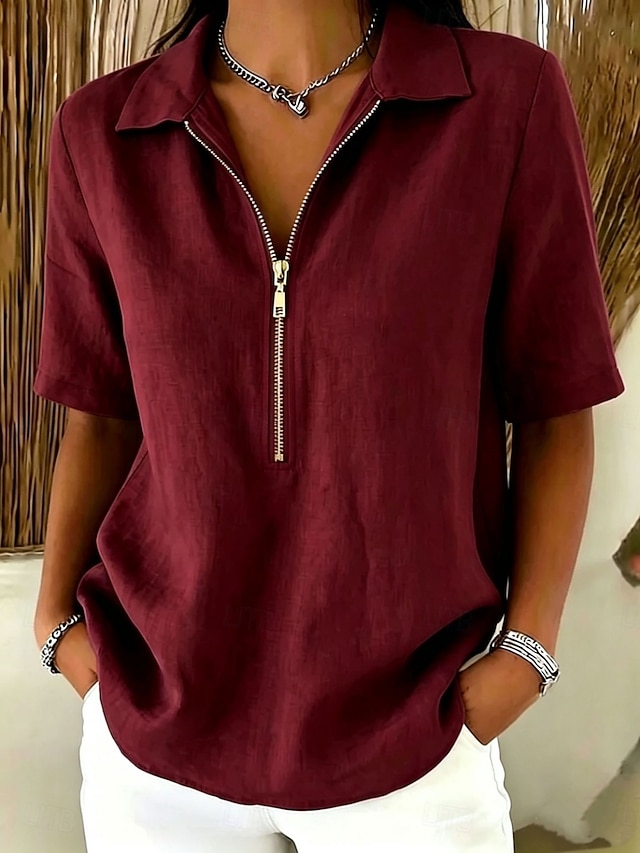 Women's Blouse Faux Linen Shirt Zipper Buttons Solid Color Daily Stylish Casual Short Sleeve Polo Collar Regular Tops Casual Daily Blue Black White Yellow Khaki Summer Spring