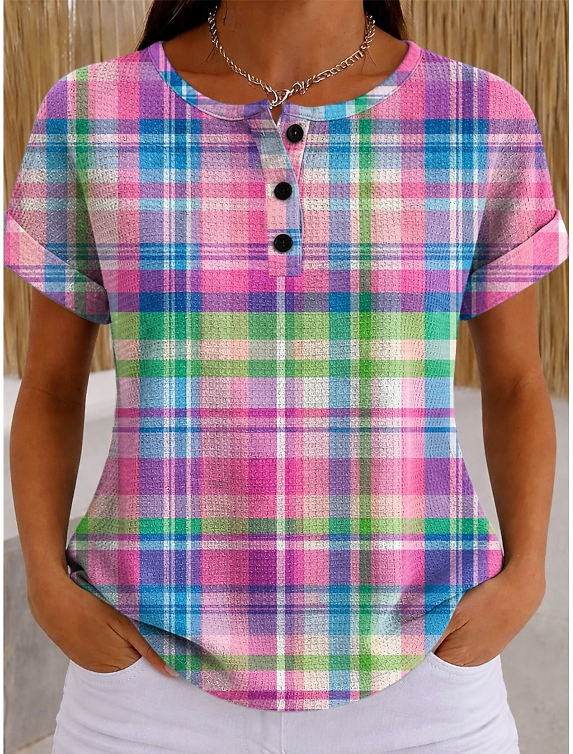 Women's Waffle Knit Plaid Button Detail Casual Short Sleeve Top