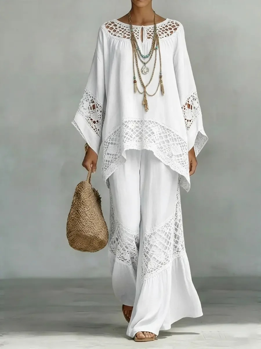 Boho Crochet Lace Batwing Sleeve Top & Wide Leg Pants 2 Piece Set