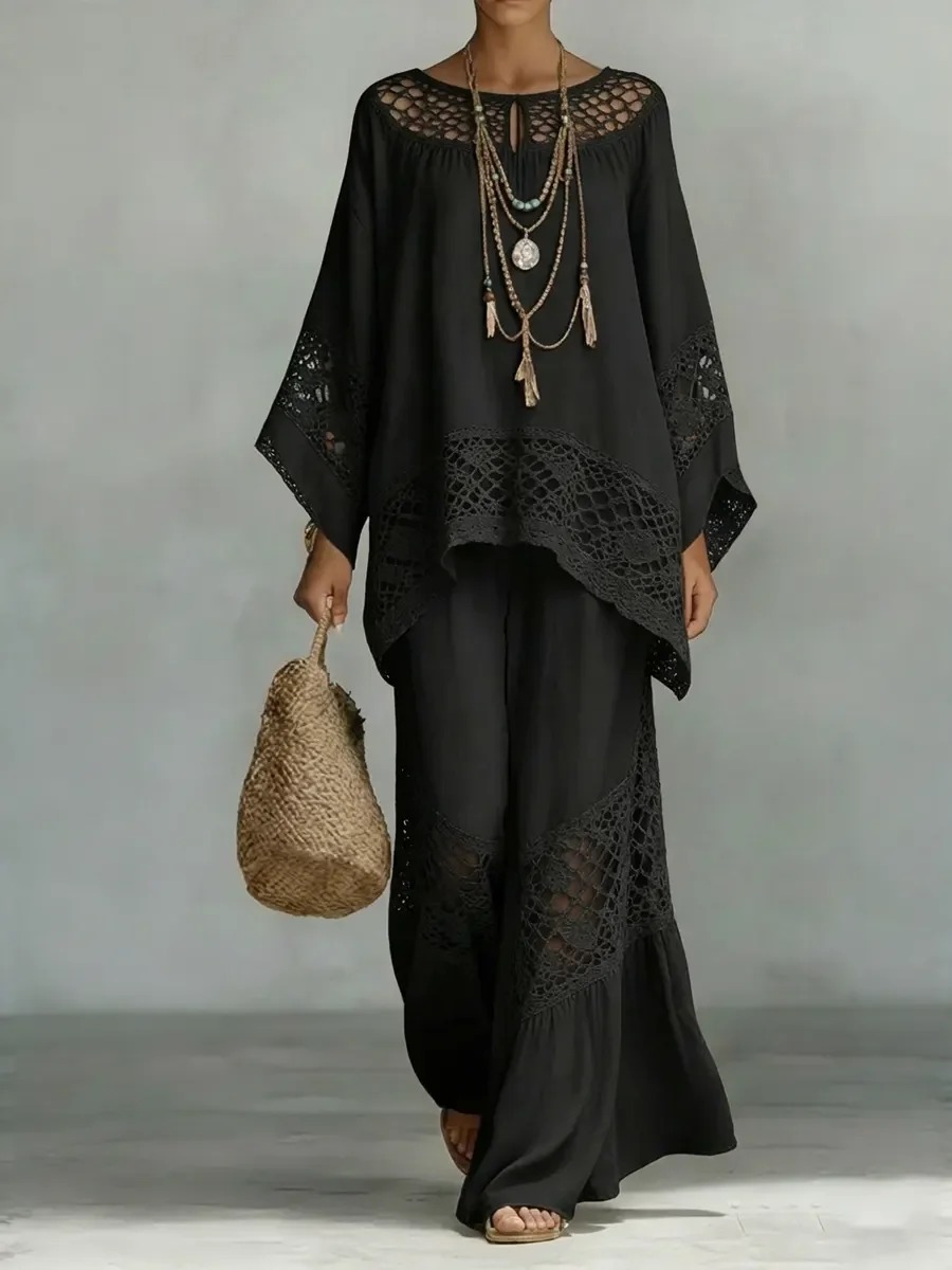 Boho Crochet Lace Batwing Sleeve Top & Wide Leg Pants 2 Piece Set