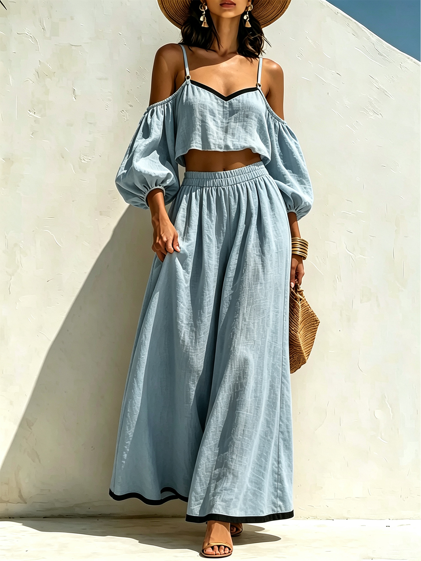 Women’s Linen Cotton Two-Piece Set, Off-Shoulder Puff Sleeve Crop Top & Wide Leg Pants, Casual Summer Outfit