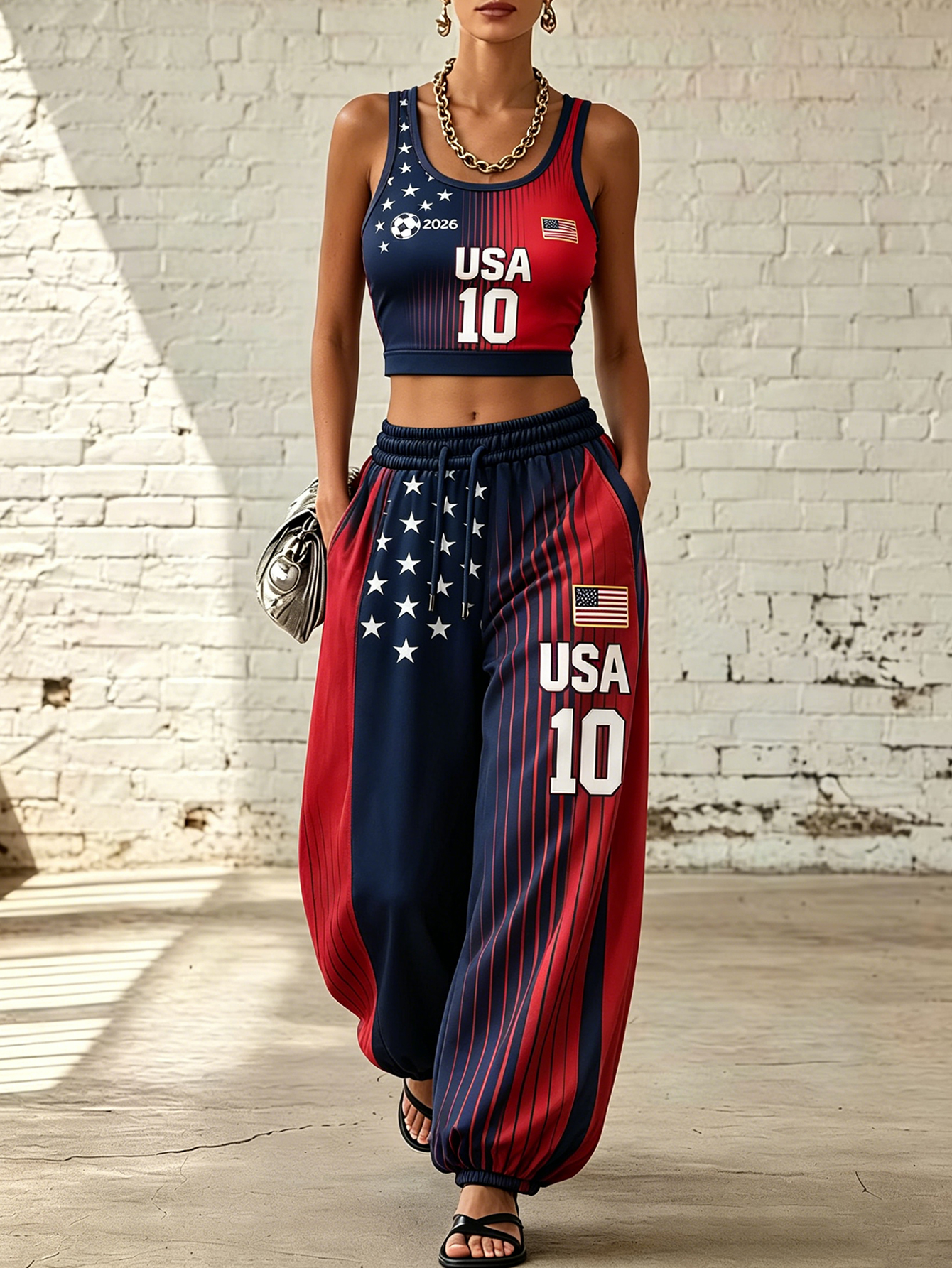 Women'S American Football Print Sports Vest And Pants Two-Piece Set