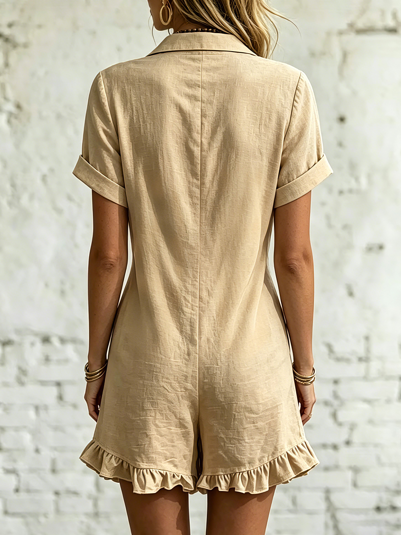 Women's Short-sleeve Shirt Romper --Pleated Cotton-linen Jumpsuit