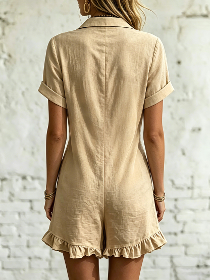 Women's Short-sleeve Shirt Romper --Pleated Cotton-linen Jumpsuit