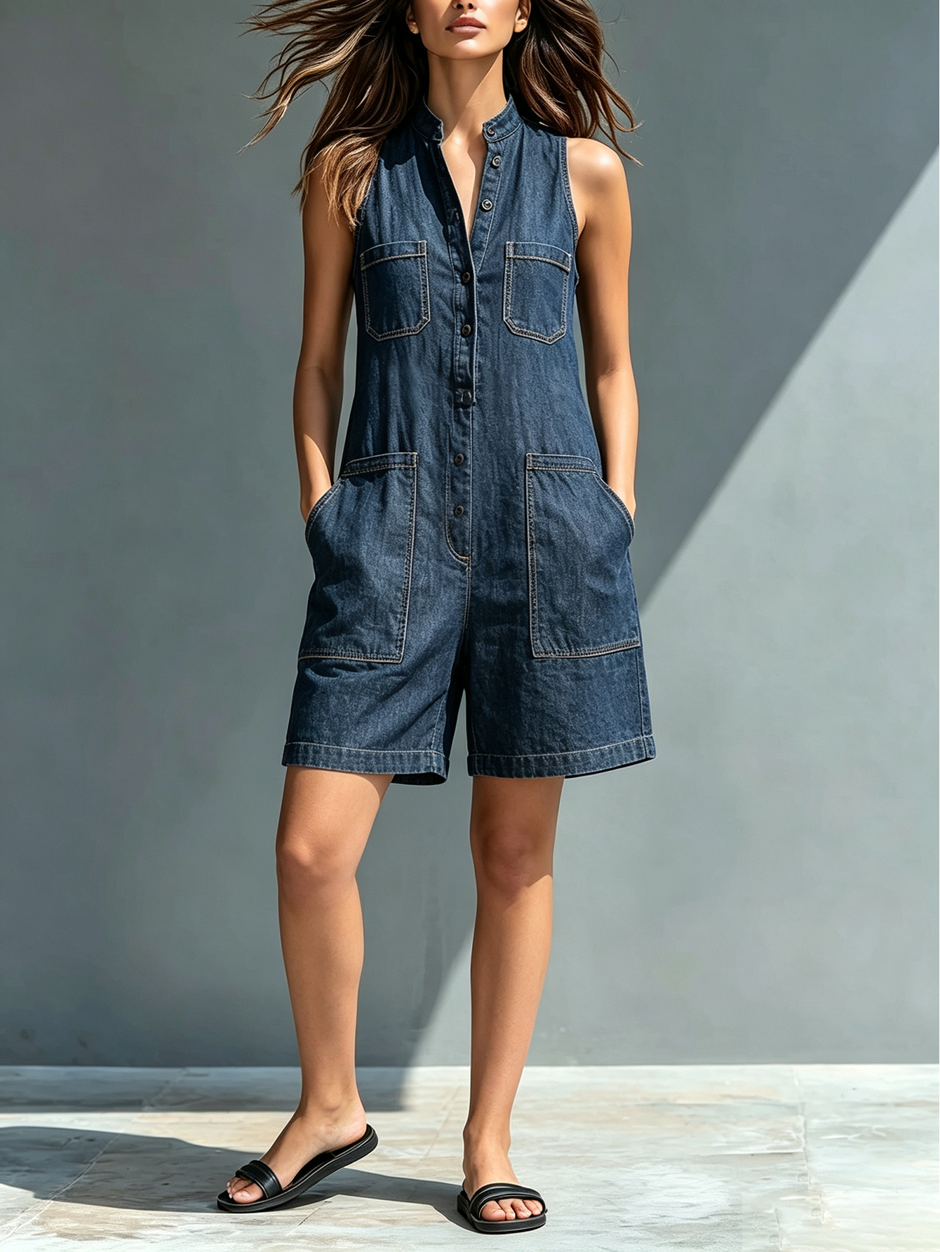 Women's Sleeveless Stand Collar Denim Romper – Button Front Utility Pocket Short Jumpsuit