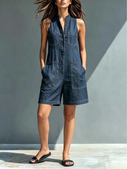 Women's Sleeveless Stand Collar Denim Romper – Button Front Utility Pocket Short Jumpsuit