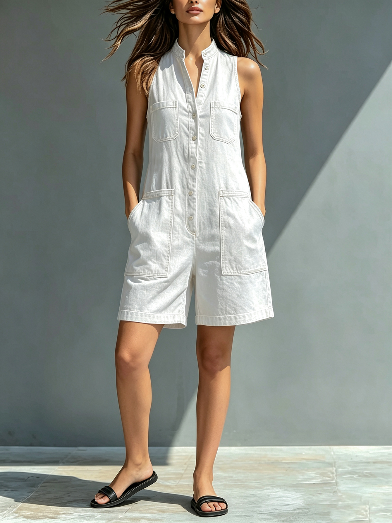 Women's Sleeveless Stand Collar Denim Romper – Button Front Utility Pocket Short Jumpsuit