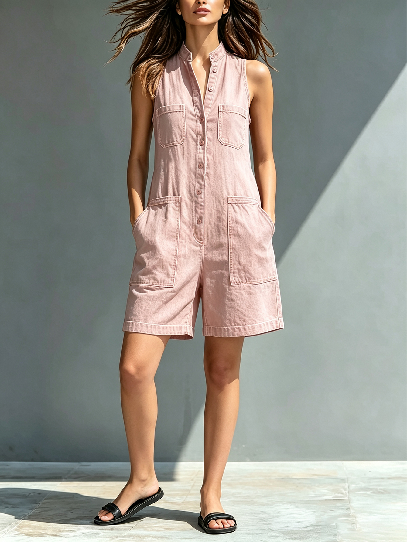 Women's Sleeveless Stand Collar Denim Romper – Button Front Utility Pocket Short Jumpsuit