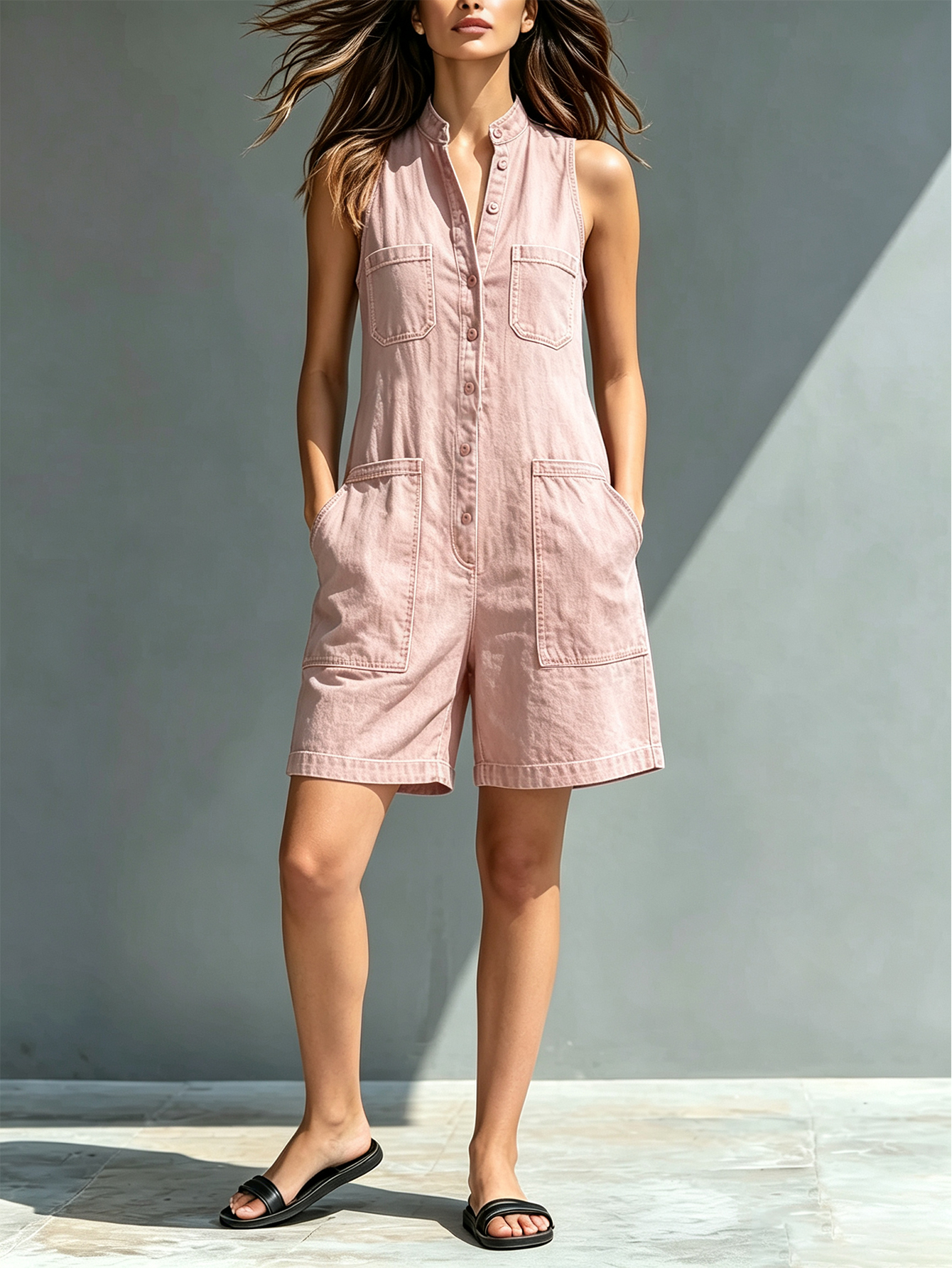 Women's Sleeveless Stand Collar Denim Romper – Button Front Utility Pocket Short Jumpsuit