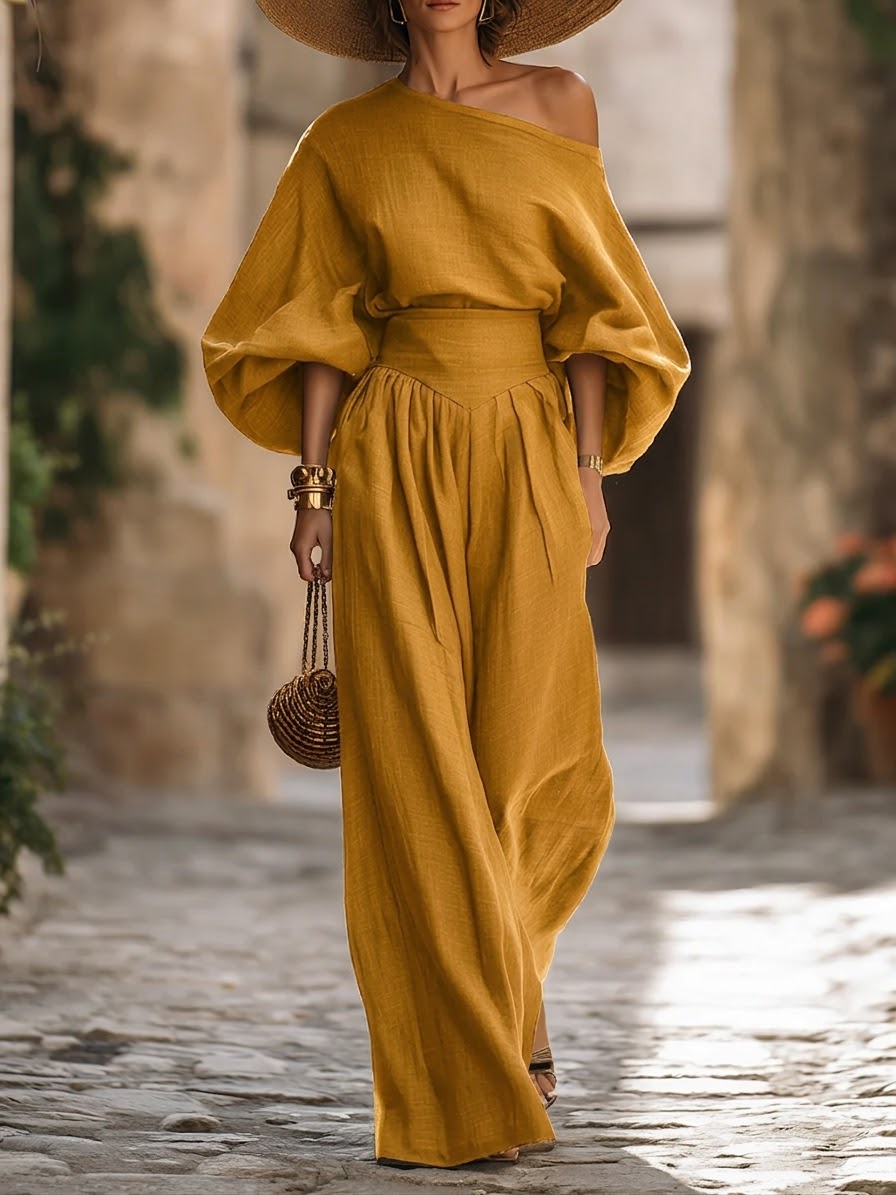 Stylish Off-shoulder Top And Wide-leg Pants Two-piece Set