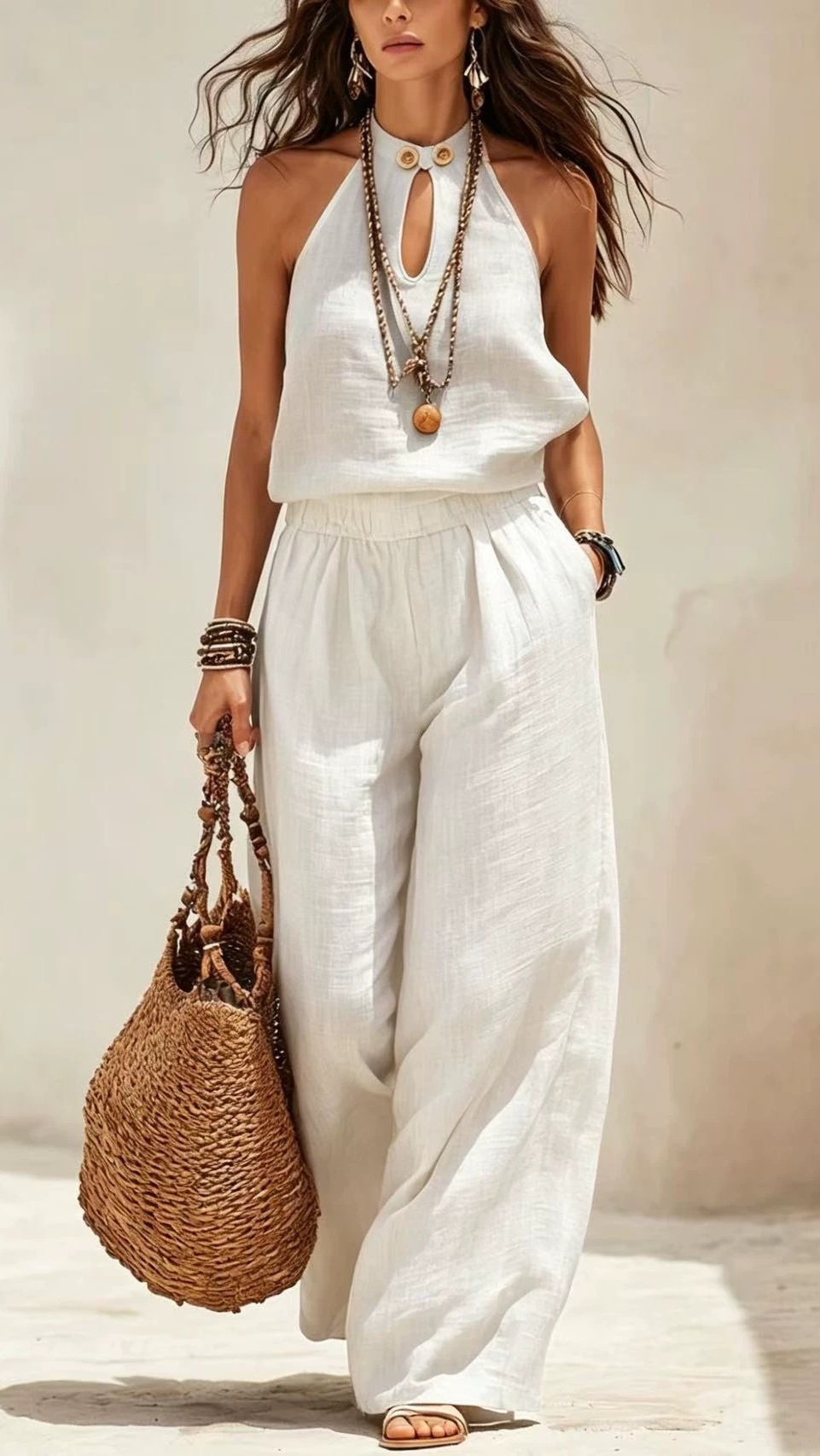 Women's Stylish Cotton-Linen Sleeveless Halter Jumpsuit