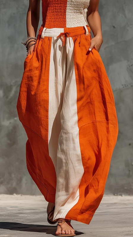 Women's strapless orange and off-white contrasting cotton-linen jumpsuit