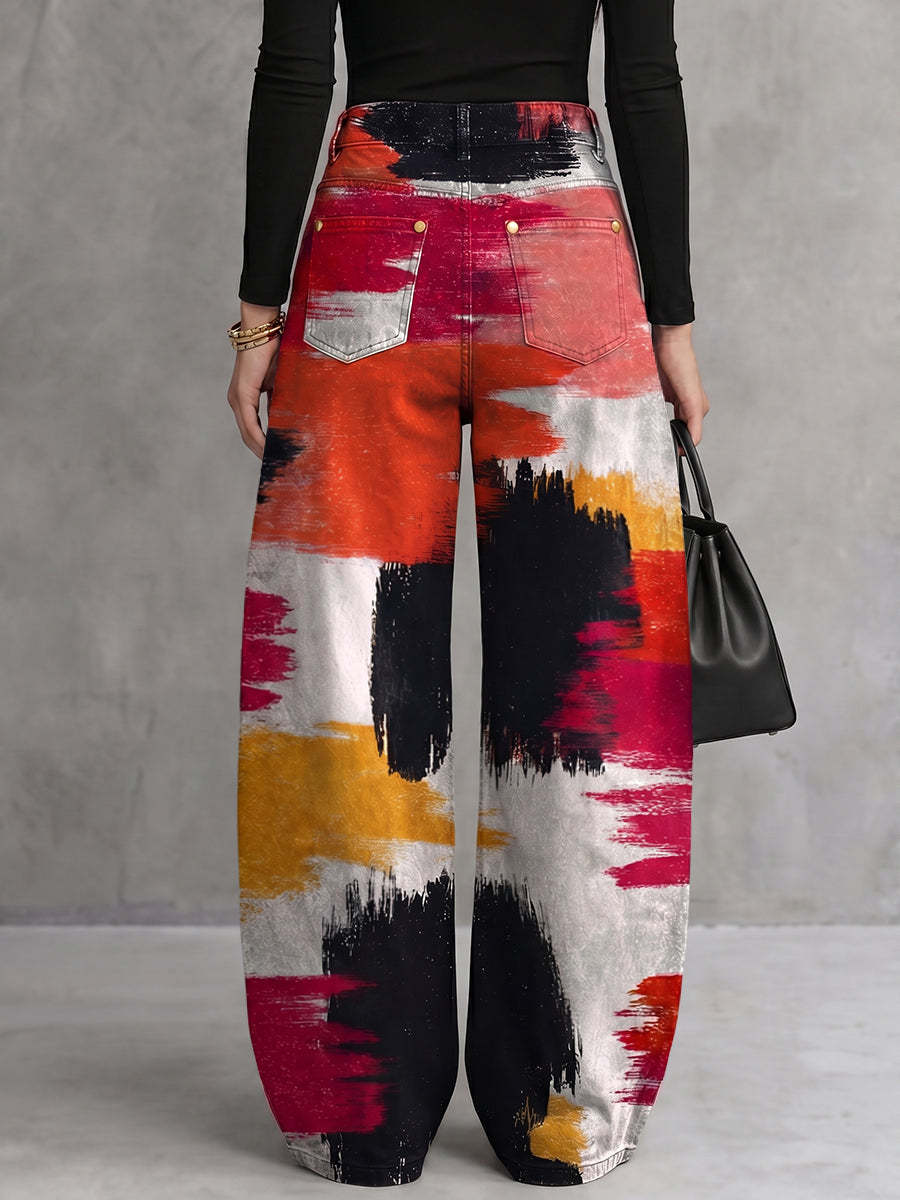 Loose Wide Leg Buttoned Contrast Color Hollow Printed Pants Trousers