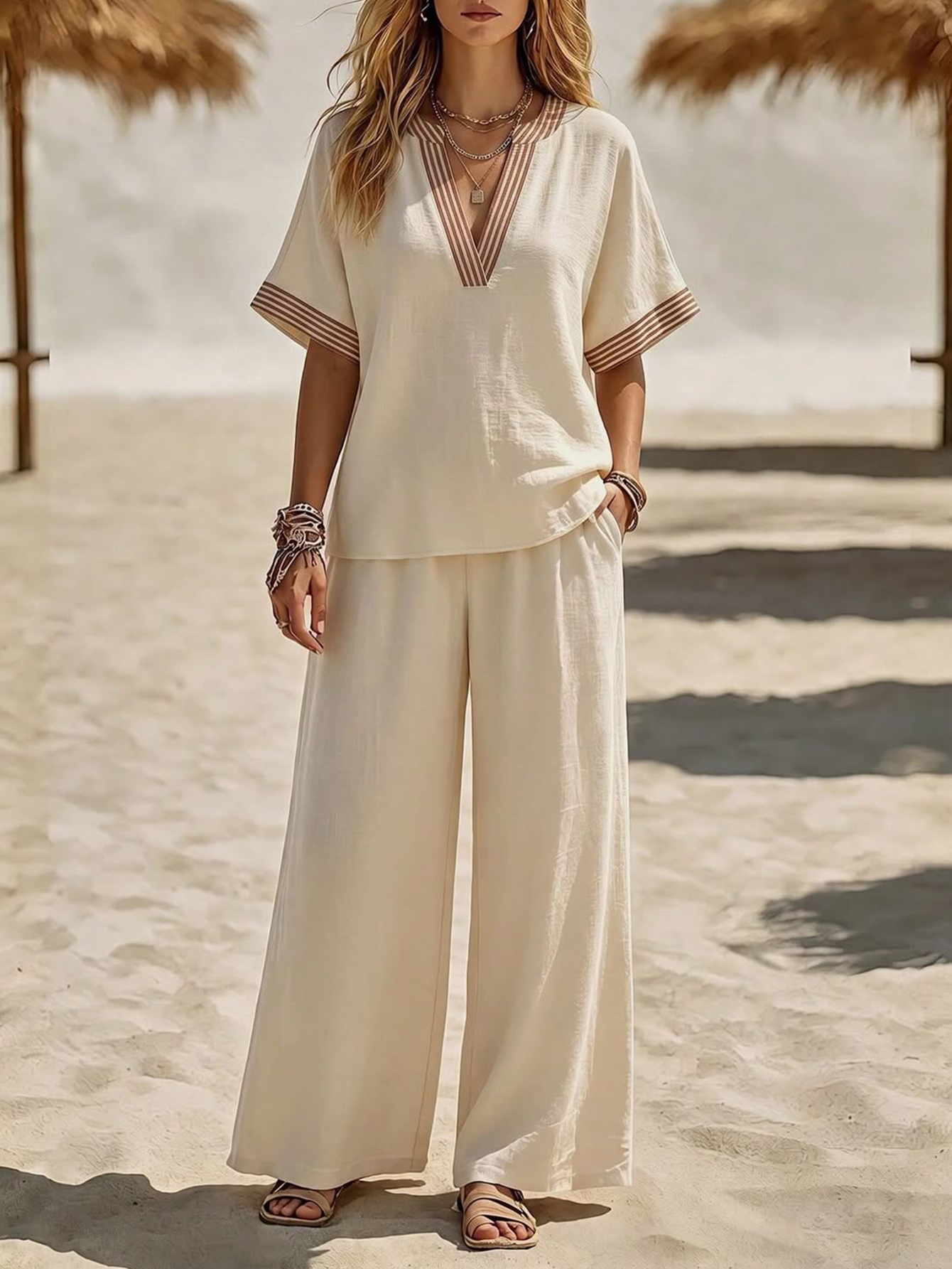 Contrast Trim V-Neck Wide Leg Set – Relaxed Short Sleeve Two-Piece Outfit