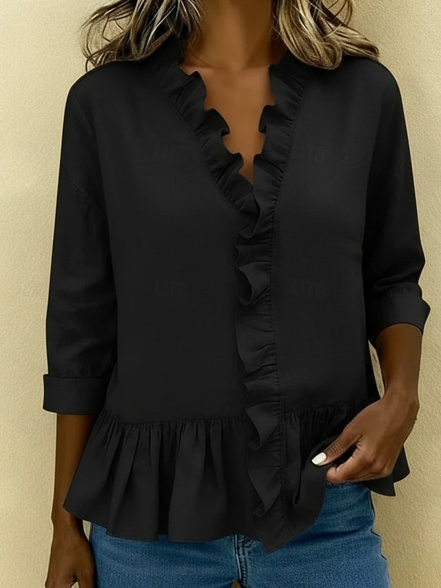 Women's Shirt Blouse Ruffle Shirt Ruffle Patchwork Plain Stylish Classic Modern Long Sleeve V Neck Regular Tops Daily Holiday Going out Black White Sky Blue Green Khaki Summer Spring