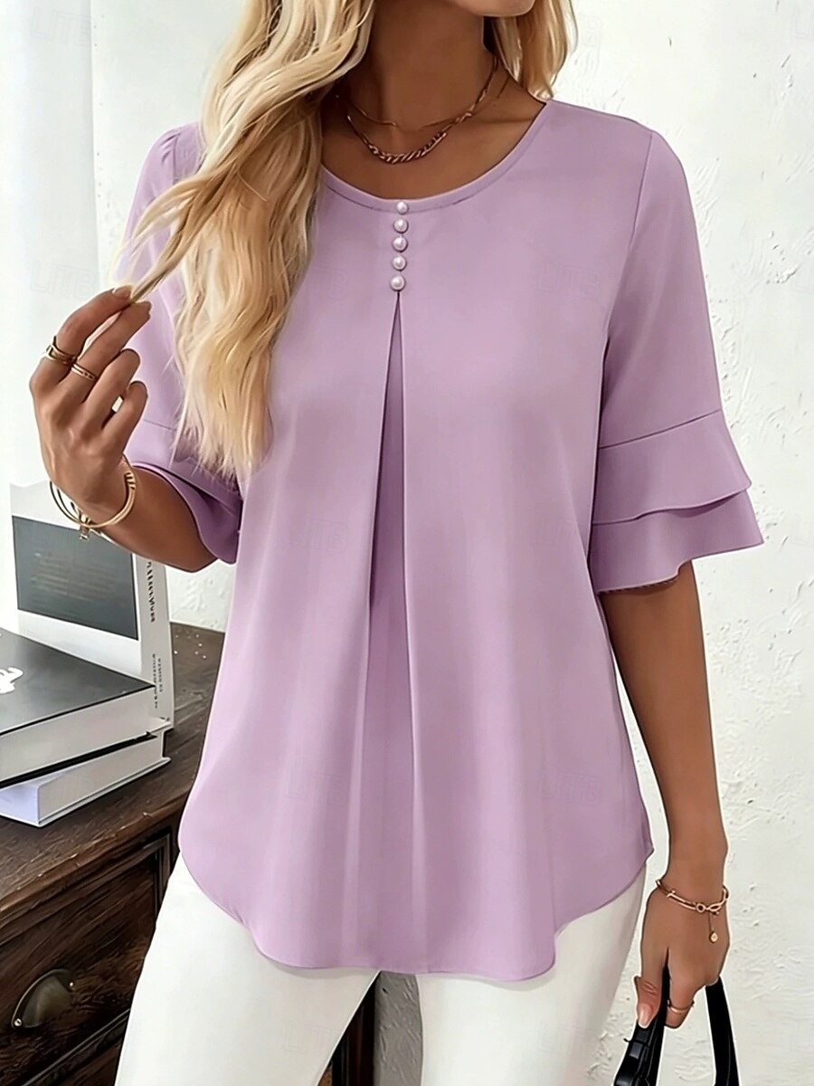 Women's Pearl Button Round Neck Ruffle Sleeve Loose Blouse