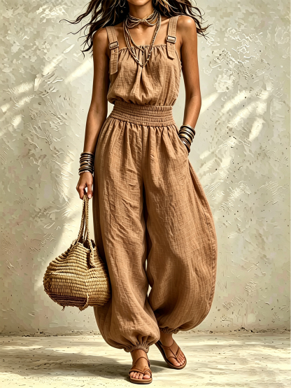 Women’s Linen Cotton Jumpsuit, Sleeveless Harem Pants Romper, Casual  One-Piece Outfit