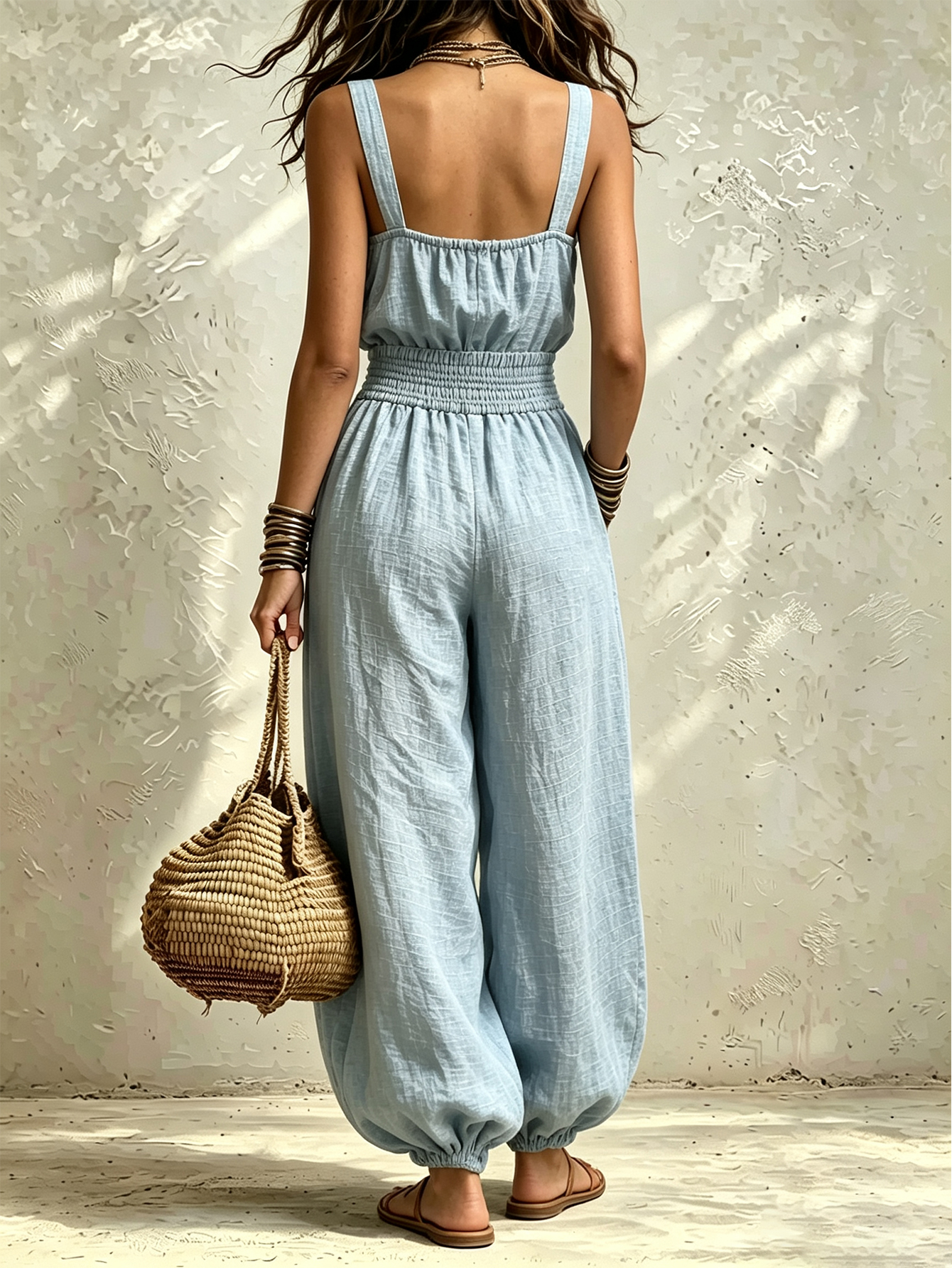 Women’s Linen Cotton Jumpsuit, Sleeveless Harem Pants Romper, Casual  One-Piece Outfit