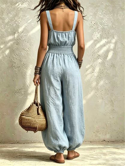 Women’s Linen Cotton Jumpsuit, Sleeveless Harem Pants Romper, Casual  One-Piece Outfit