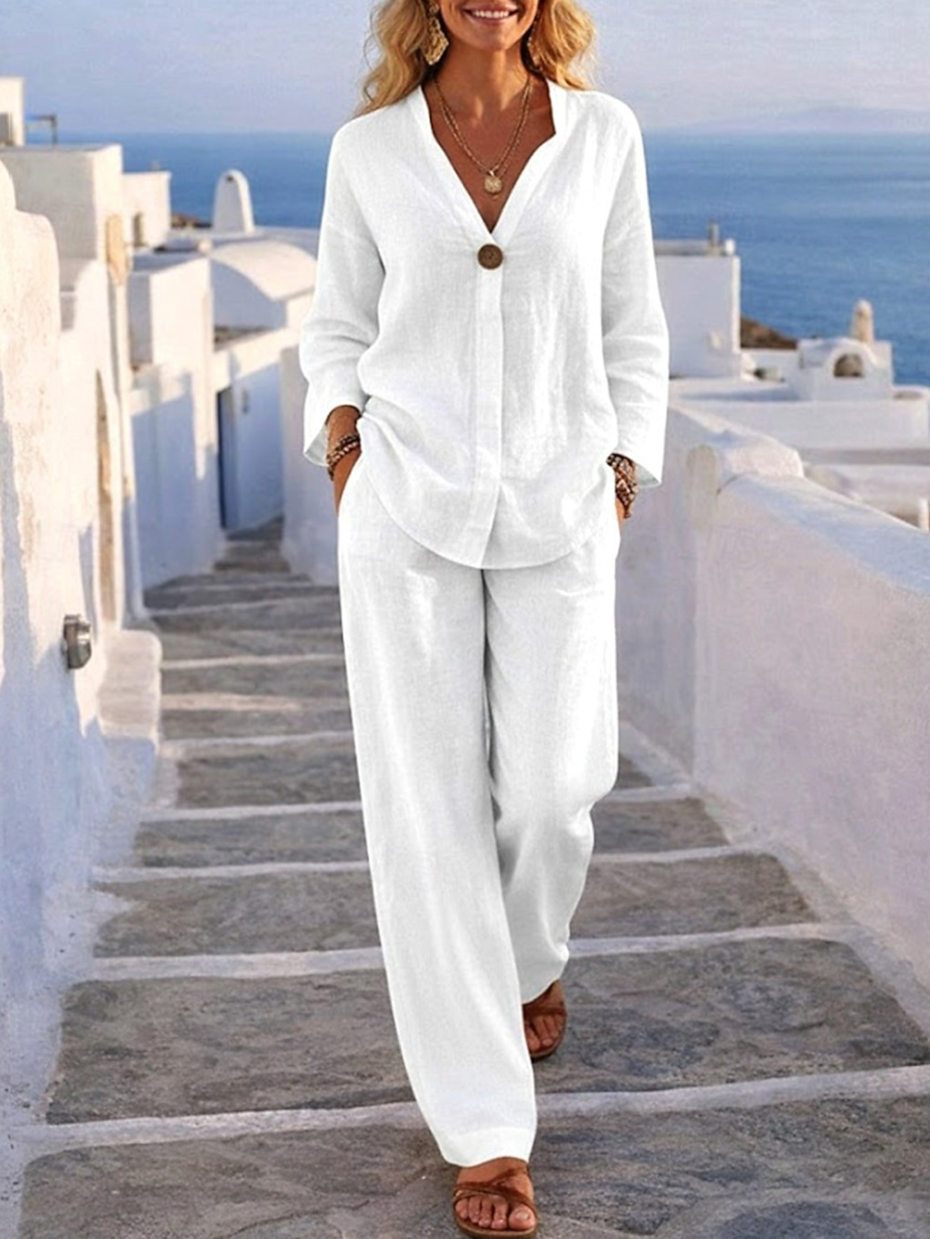 Vacation Linen Matching Set, Notch Neck Button Top & Wide Leg Pants