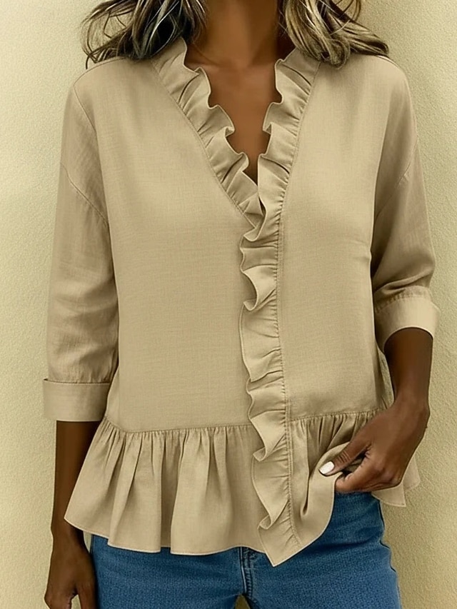 Women's Shirt Blouse Ruffle Shirt Ruffle Patchwork Plain Stylish Classic Modern Long Sleeve V Neck Regular Tops Daily Holiday Going out Black White Sky Blue Green Khaki Summer Spring