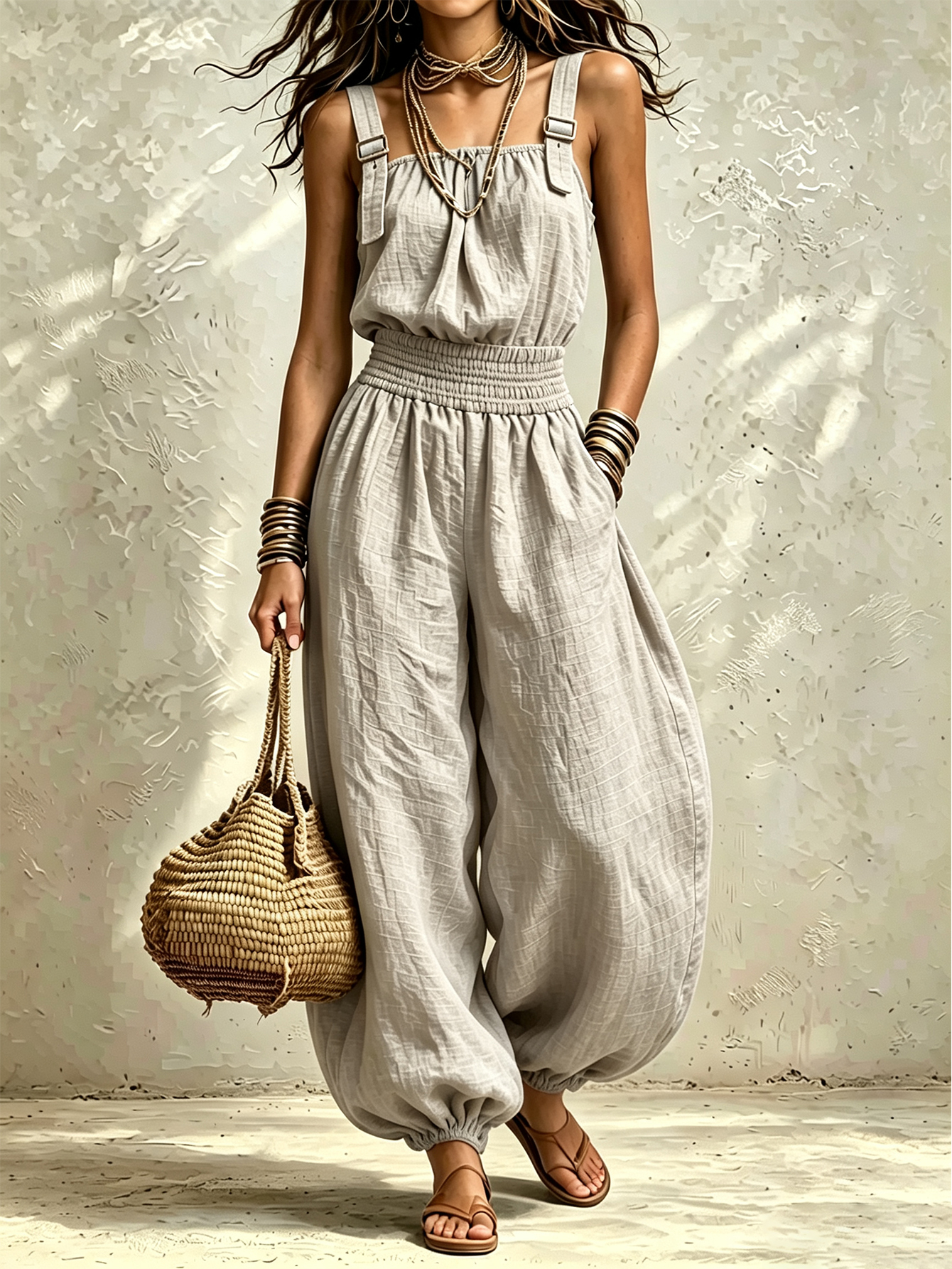 Women’s Linen Cotton Jumpsuit, Sleeveless Harem Pants Romper, Casual  One-Piece Outfit