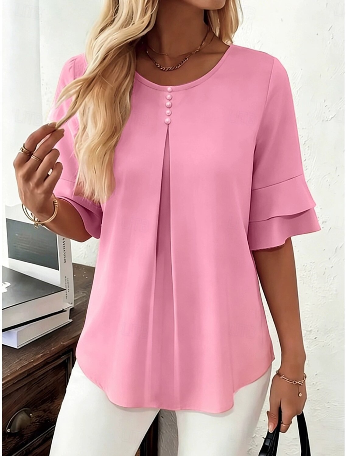 Women's Pearl Button Round Neck Ruffle Sleeve Loose Blouse
