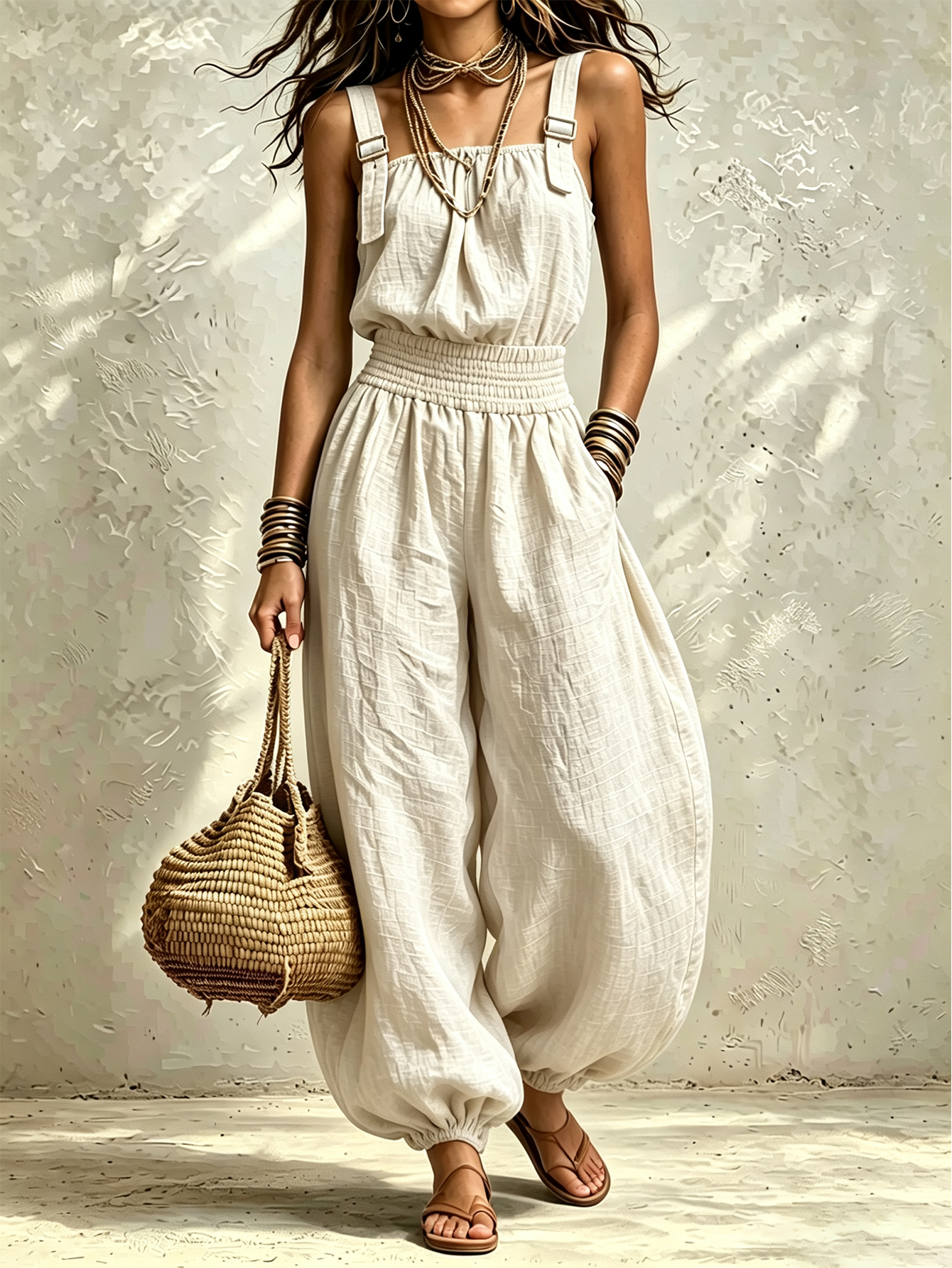 Women’s Linen Cotton Jumpsuit, Sleeveless Harem Pants Romper, Casual  One-Piece Outfit