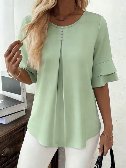 Women's Pearl Button Round Neck Ruffle Sleeve Loose Blouse