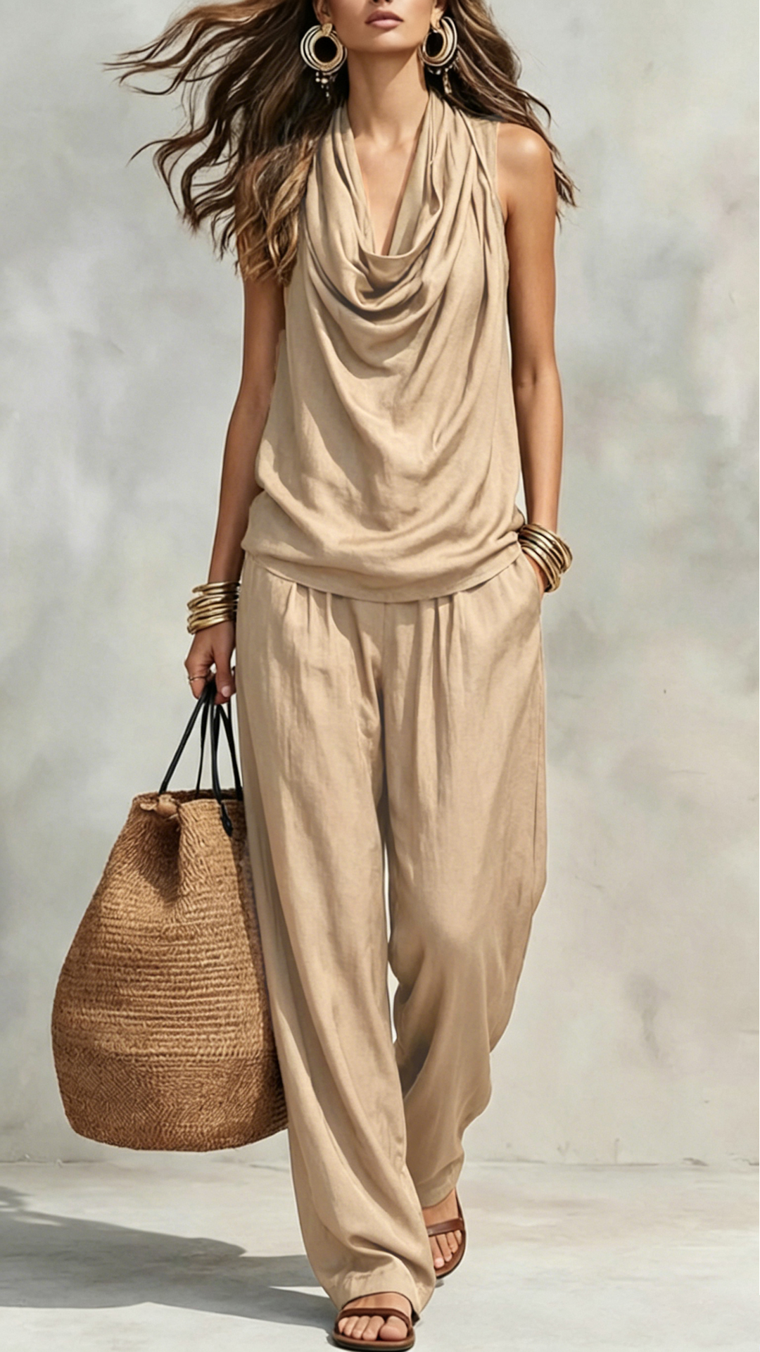Women's Cotton-Blend Cowl Neck Sleeveless Wide-Leg Pants Set