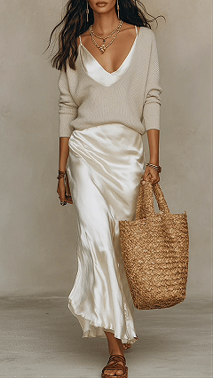 Women's Cotton-Blend Beige Knit & Cami Maxi Skirt Set