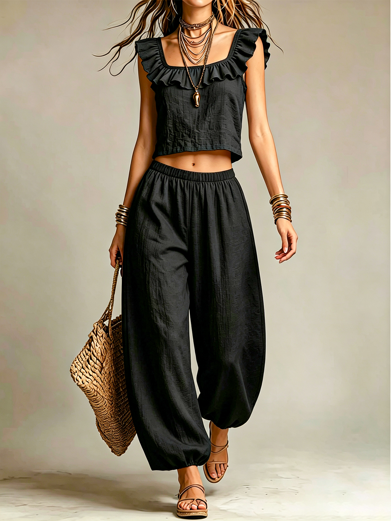Linen Blend Ruffle Sleeveless Crop Top & Relaxed Harem Pants 2-Piece Set