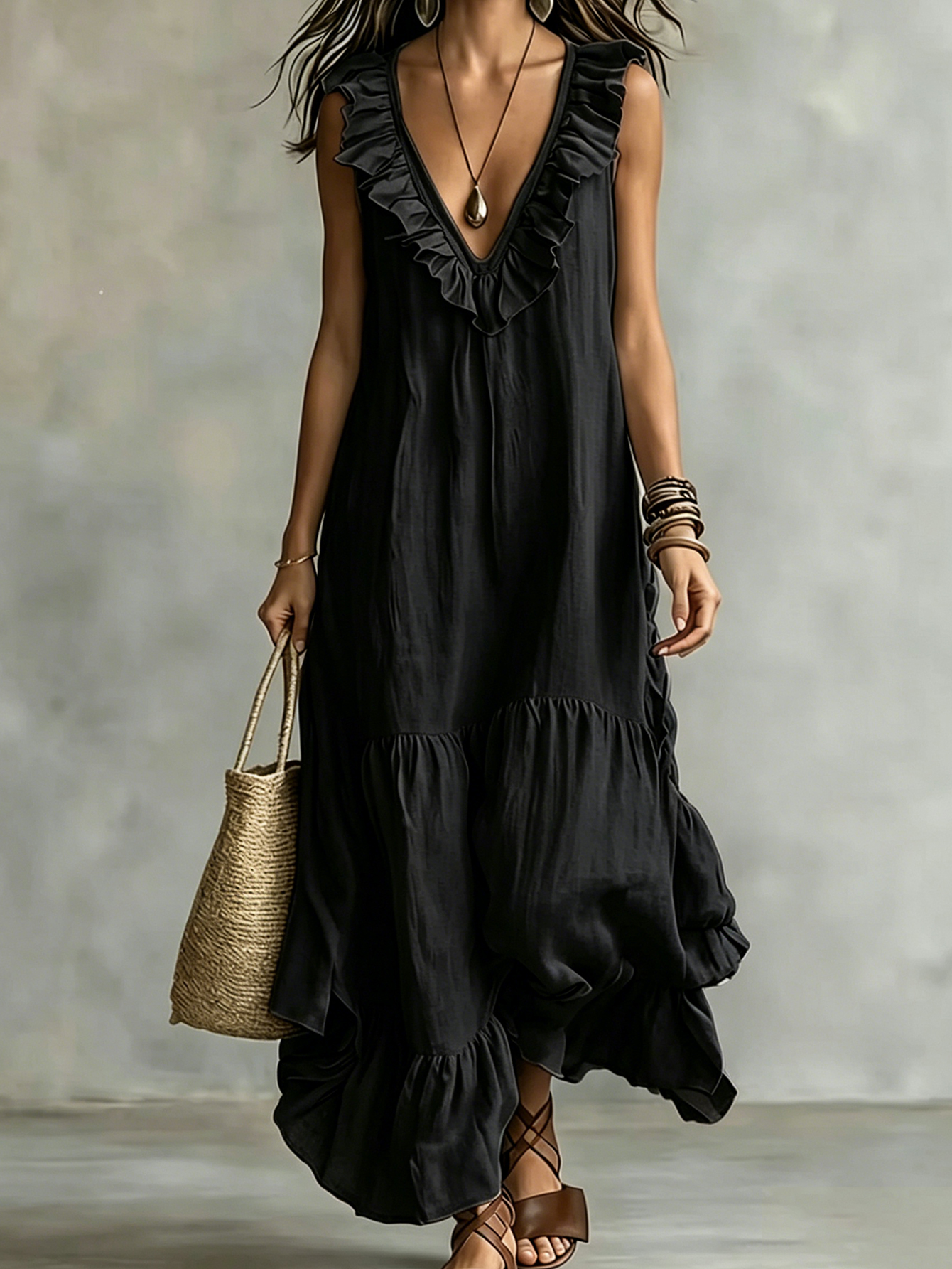 Ruffle Trim V-Neck Maxi Dress – Sleeveless Loose Fit Flowy Vacation Dress