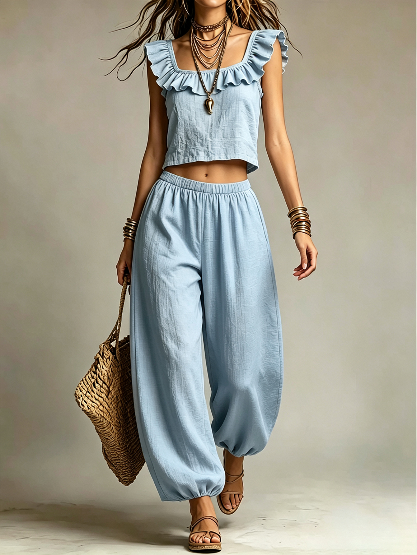 Linen Blend Ruffle Sleeveless Crop Top & Relaxed Harem Pants 2-Piece Set
