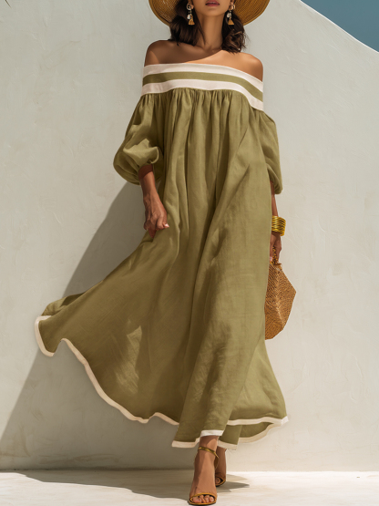 Loose-fitting Color-blocked Off-the-shoulder Beige Cotton-linen Maxi Dress
