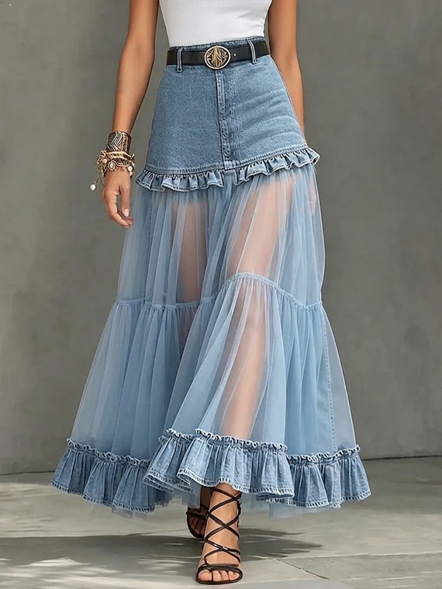 Casual Denim-paneled Chiffon Ruffled Skirt